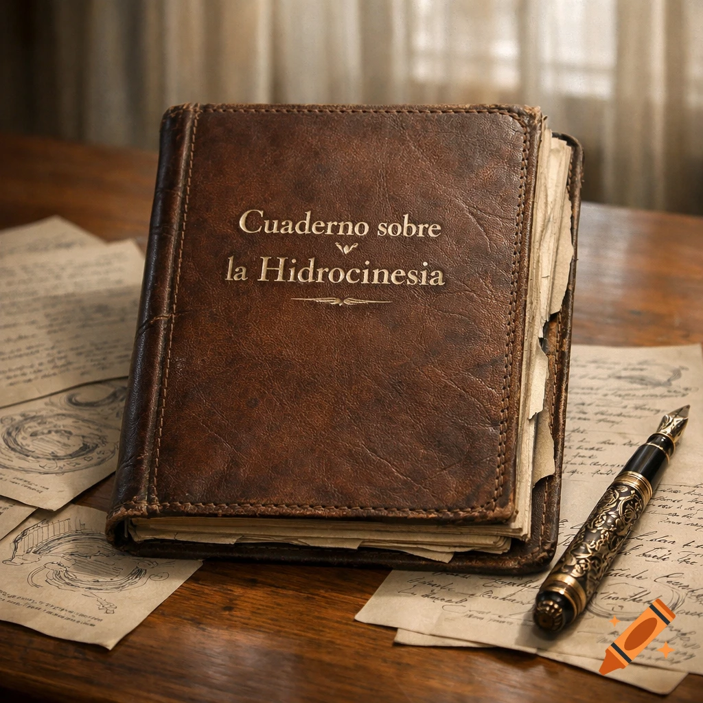A vintage leather-bound notebook titled "Cuaderno sobre la Hidrocinesia" on a wooden desk with a decorative fountain pen and old papers.