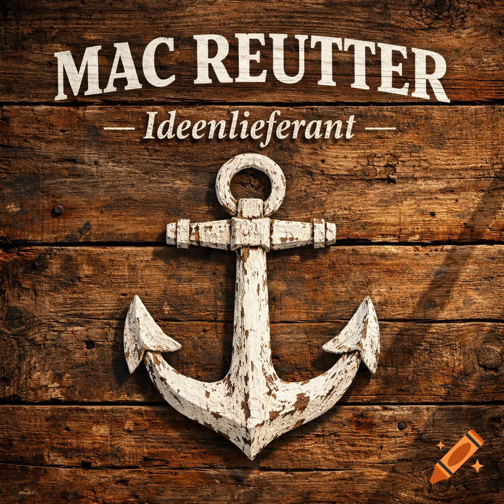 A rustic white anchor with peeling paint on a dark wooden plank wall, with the text 'MAC REUTTER Ideenlieferant' above it.