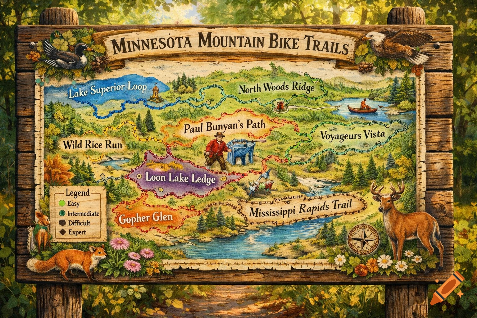 A colorful, illustrative map of Minnesota Mountain Bike Trails, featuring nature elements like a duck, eagle, fox, and deer, with various named trails and a legend.