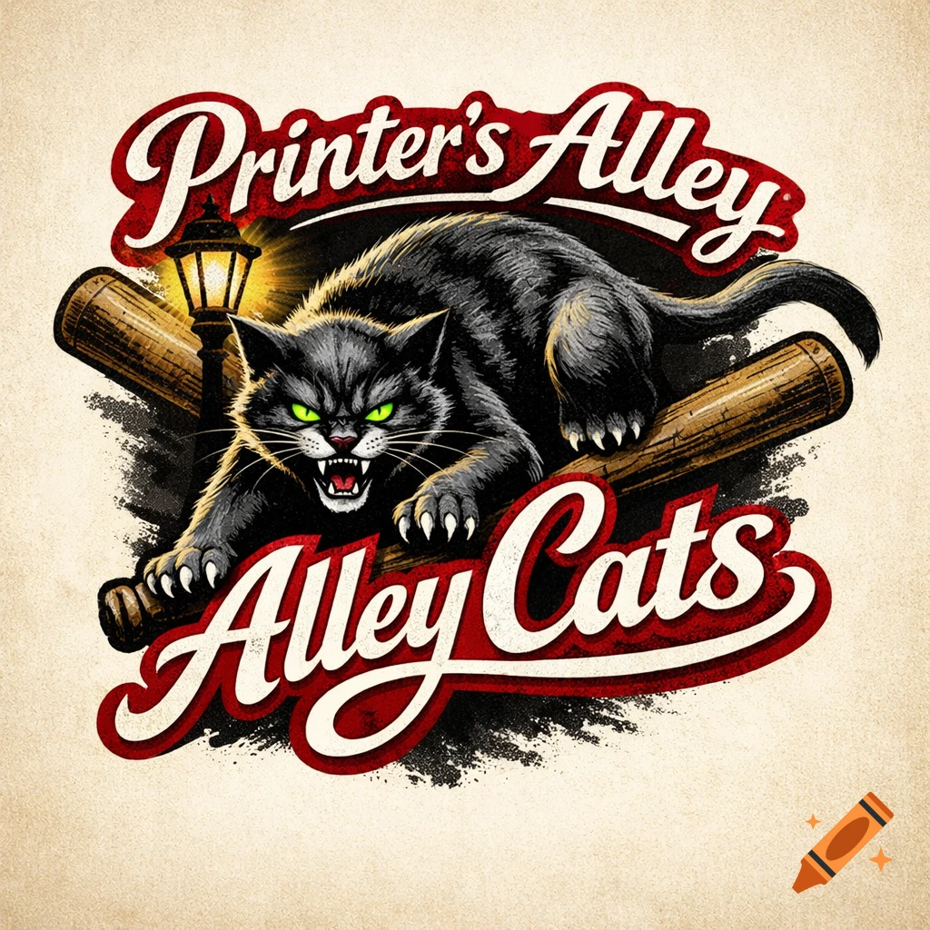 A vintage-style logo with an aggressive black cat, a street lamp, and baseball bats, reading "Printer's Alley Alley Cats".