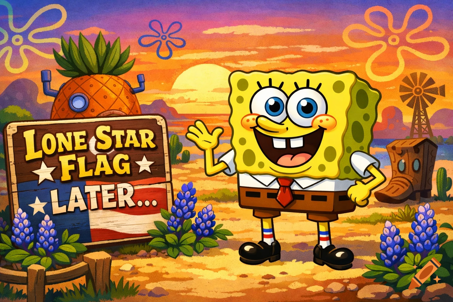 Spongebob Squarepants waving in a desert sunset, next to a sign that says 'Lone Star Flag Later...', a pineapple house, and a windmill, in a cartoon style.