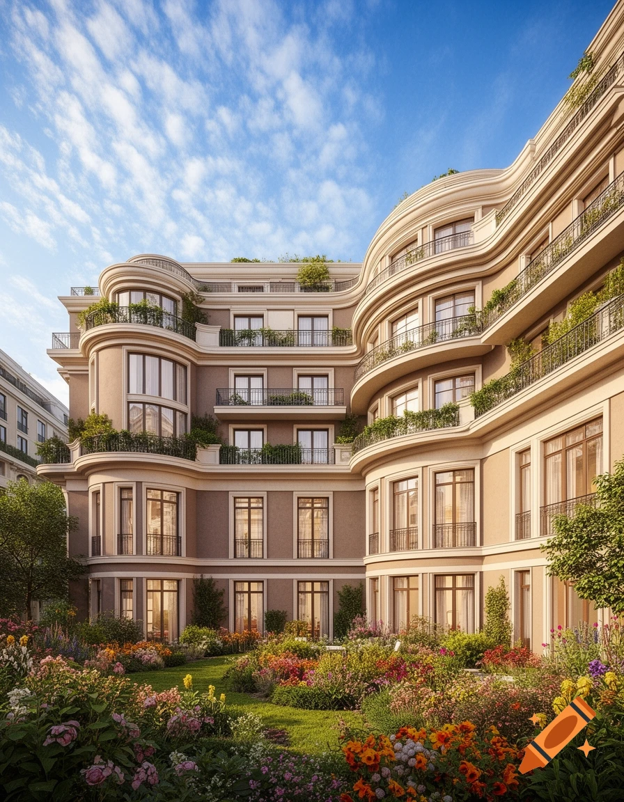 A grand, curved multi-story building with balconies overlooking a lush, colorful garden with a green lawn under a clear blue sky.