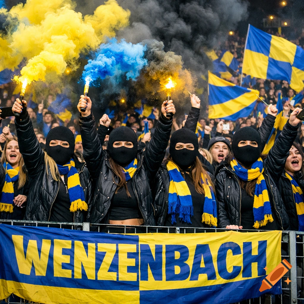 Football fans in balaclavas hold yellow and blue smoke flares with a 'WENZENBACH' banner at a stadium.