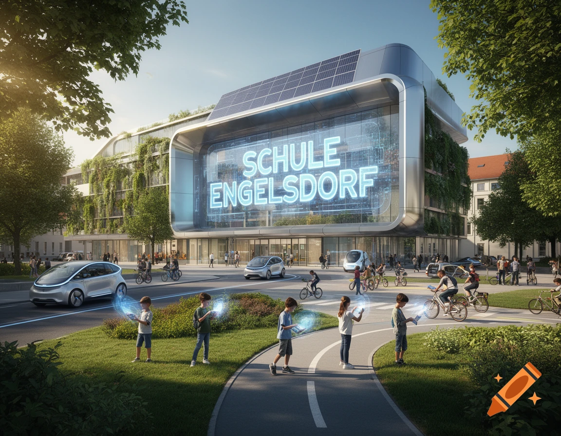 A futuristic school building with green walls, solar panels, and 'SCHULE ENGELSDORF' sign, with people and cars on the street.