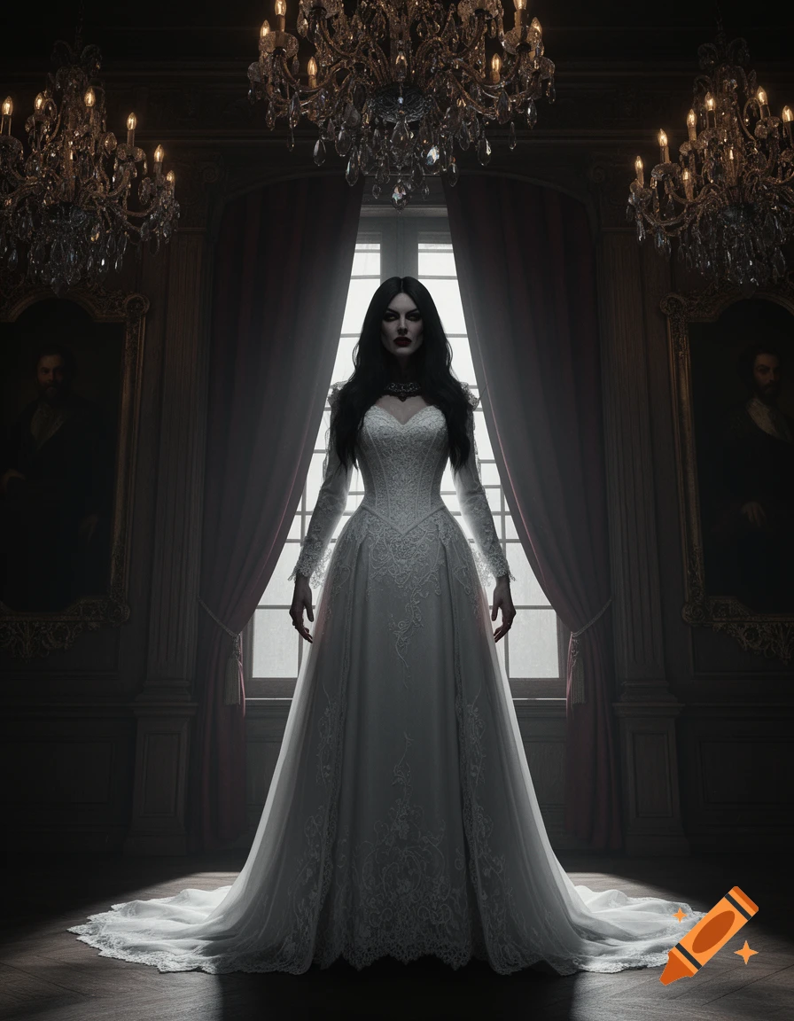 A tall woman with dark hair in a white gothic gown stands dramatically ...