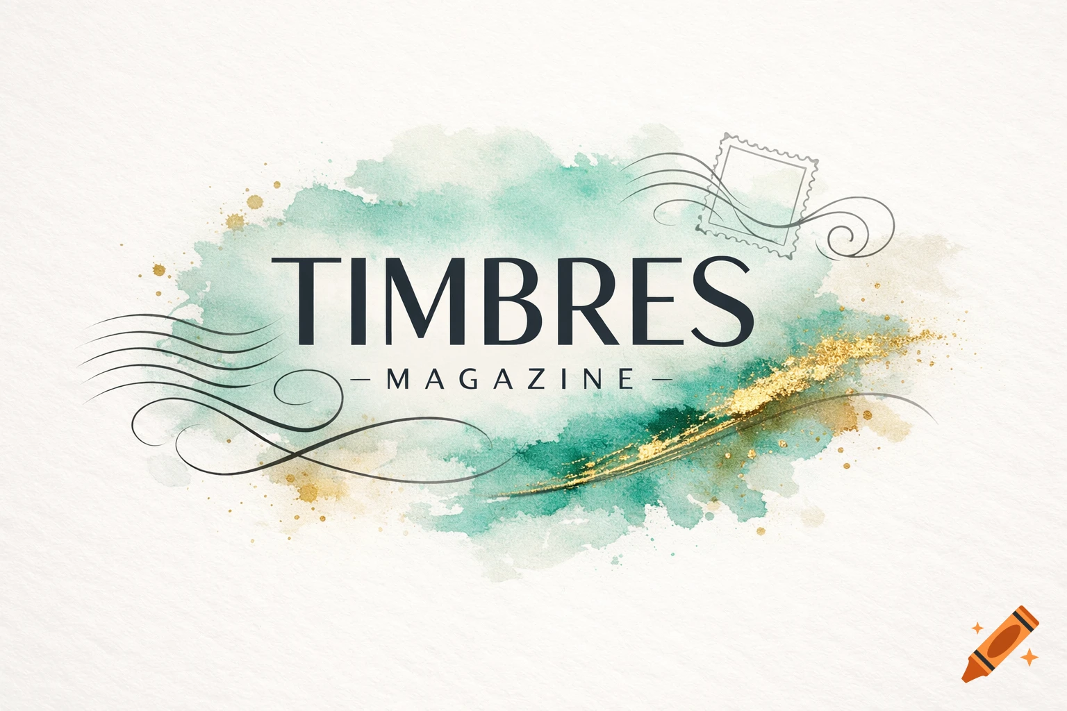 TIMBRES MAGAZINE logo with dark gray text over a turquoise watercolor splash, golden glitter, black swirls, and a stamp outline.