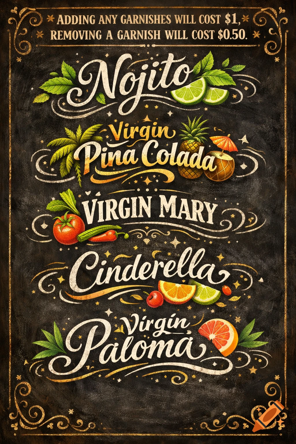 Chalkboard menu displaying non-alcoholic drinks: Nojito, Virgin Pina Colada, Virgin Mary, Cinderella, Virgin Paloma, with fruit garnishes.