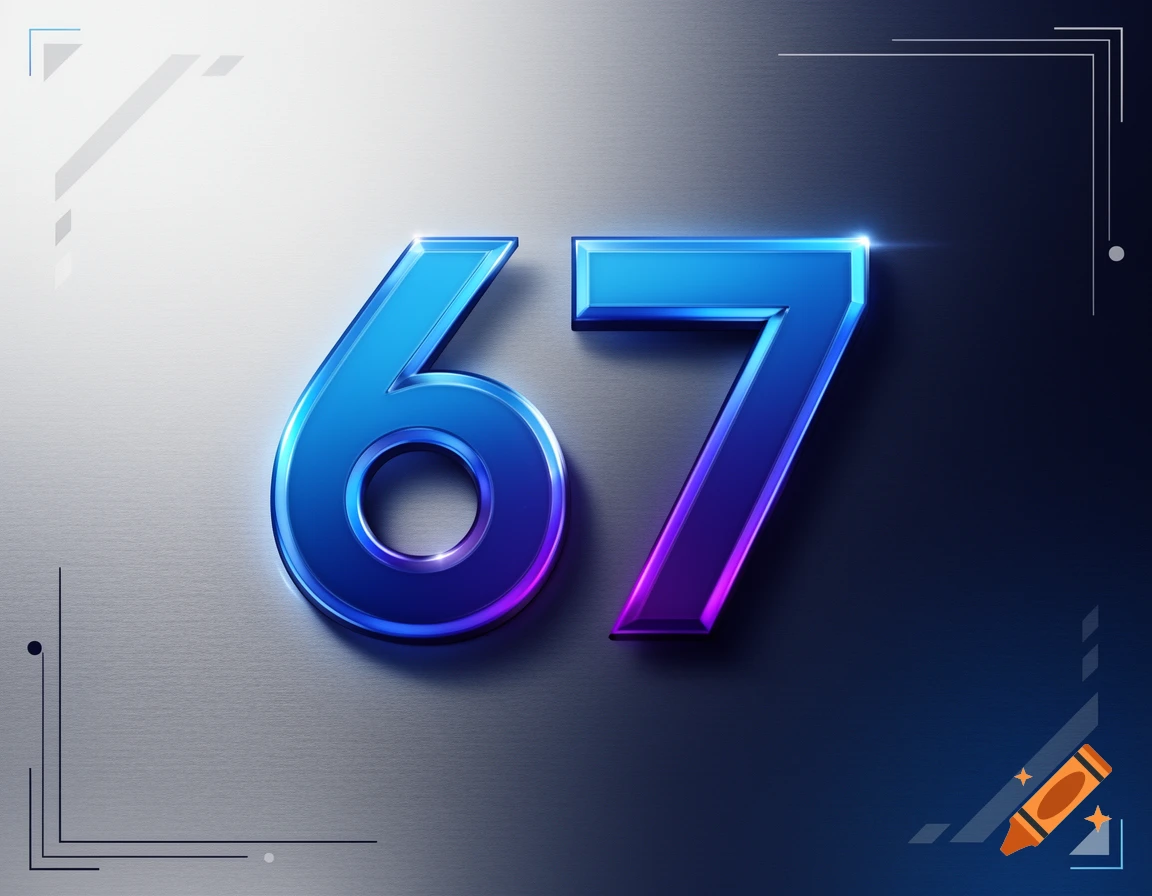 Large, glossy blue and purple metallic numbers 67 on a brushed metal background with subtle digital accents.