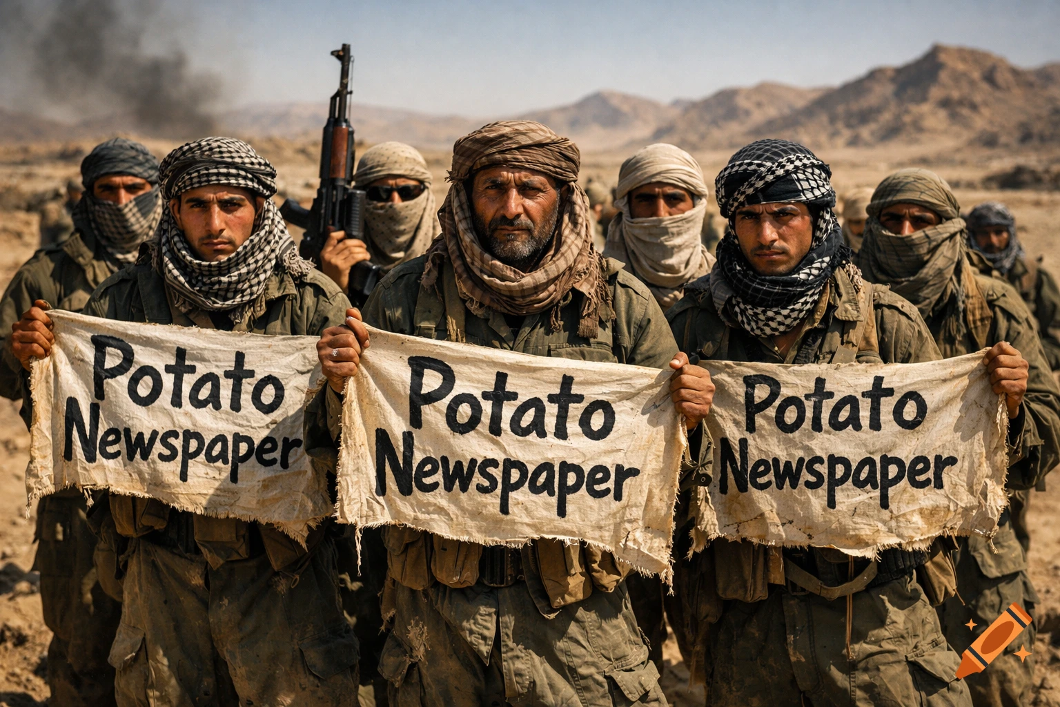 A group of men in tactical gear and keffiyeh headwraps stand in a desert, holding banners that read "Potato Newspaper".