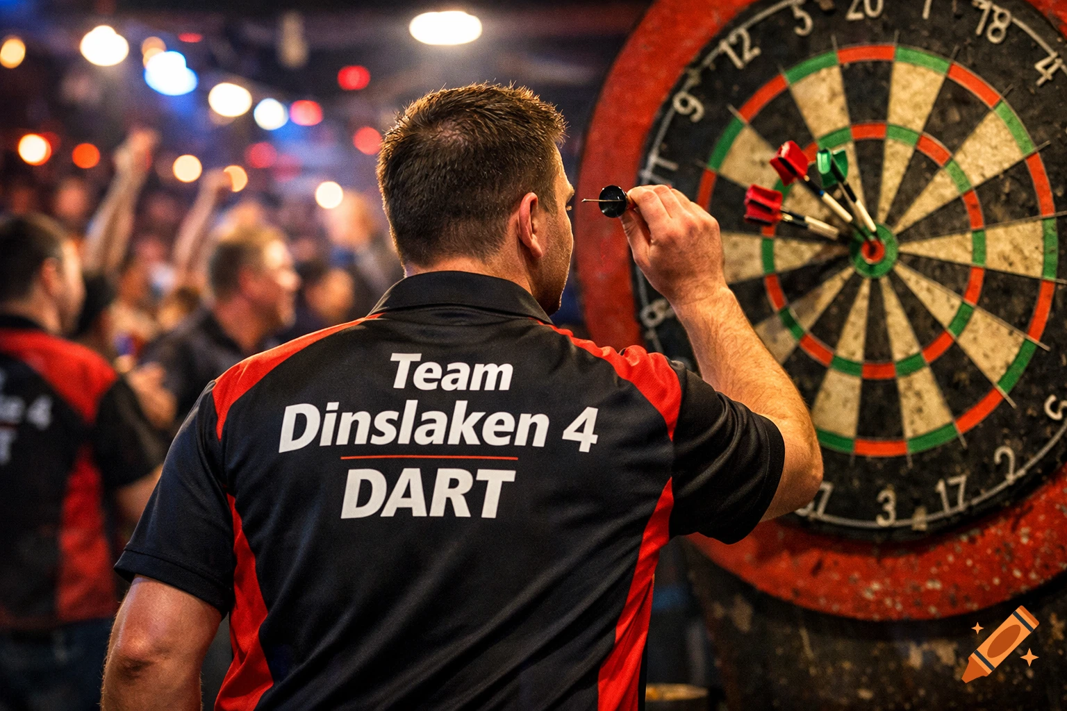 A man in a black and red 'Team Dinslaken 4 DART' shirt throws a dart at a dartboard in a vibrant, blurry background.