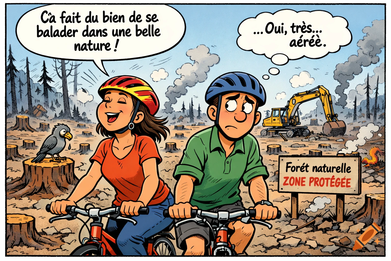 A cartoon couple on bikes in a deforested area. The woman smiles, the man grimaces at the destruction. A sign says 'Protected Natural Forest'.