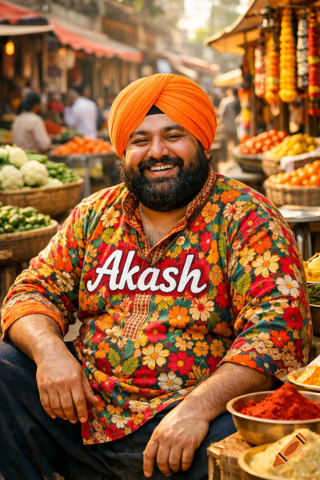 A smiling Punjabi man with an orange turban and a floral shirt that says 'Akash' sits in a vibrant market surrounded by produce and spices.