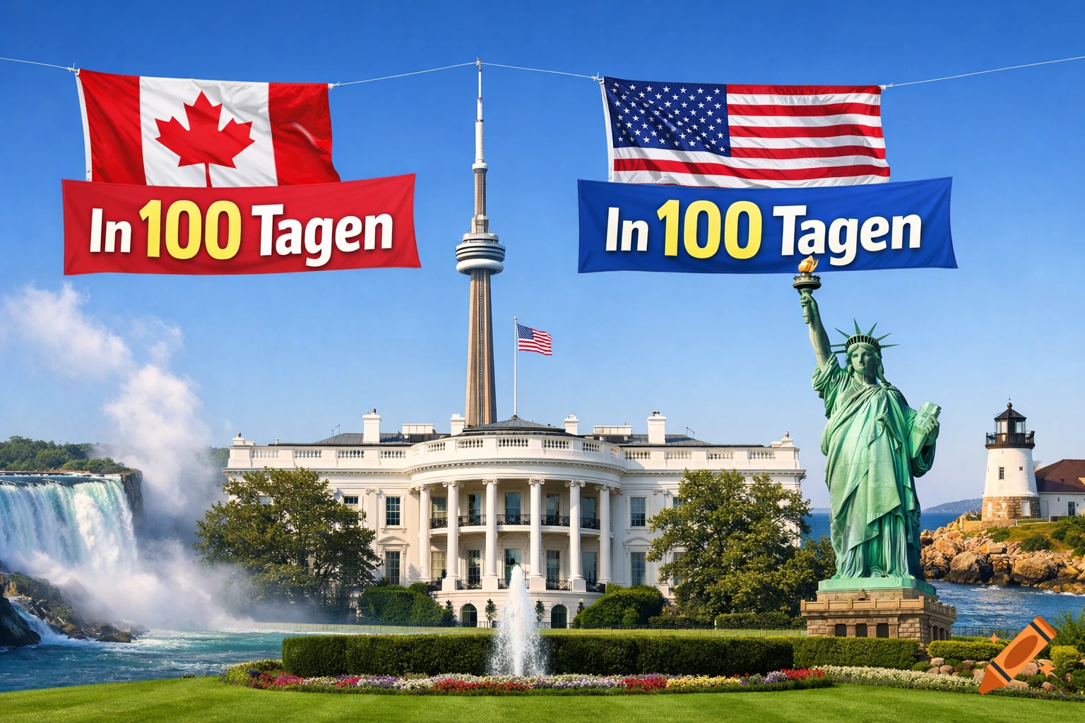 A composite scene featuring Canadian and American flags, the White House, CN Tower, Niagara Falls, and Statue of Liberty with text "In 100 Tagen" on banners.