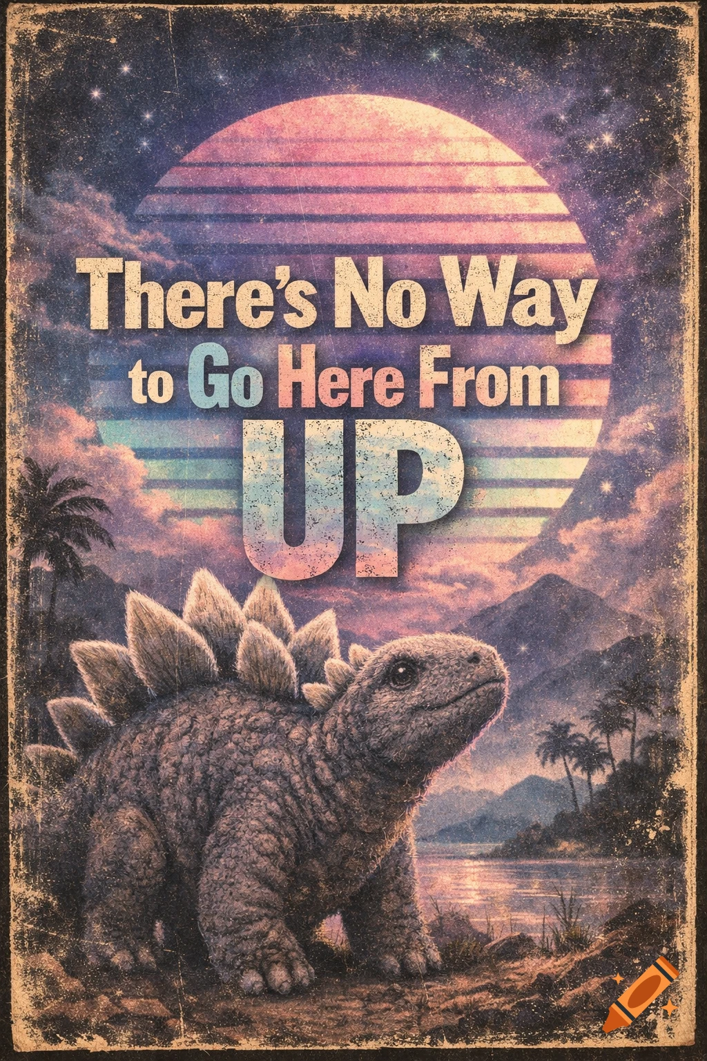 A retro 1980s style poster with a fuzzy stegosaurus looking up at a striped, vaporwave moon. Text reads 'There's No Way to Go Here From UP'.