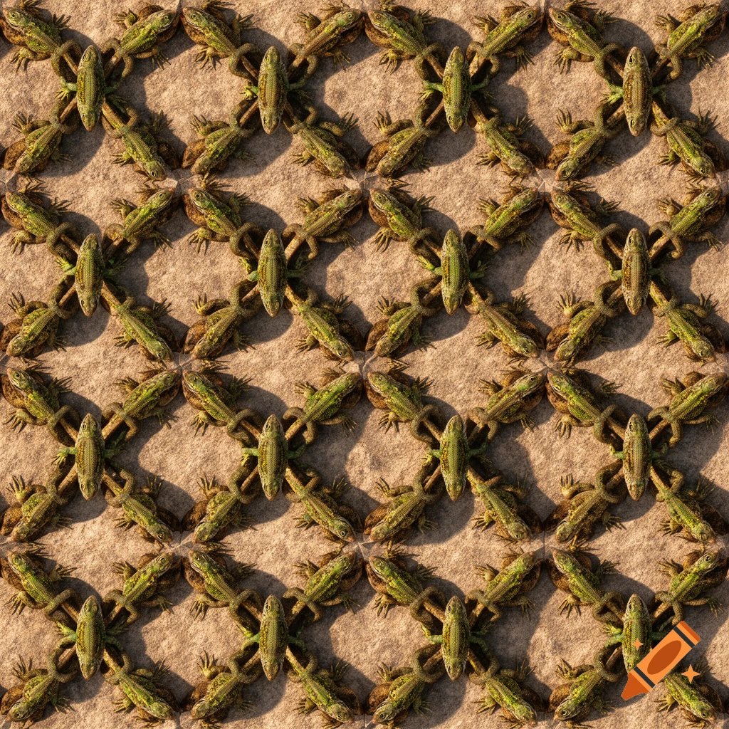 A seamless tessellation pattern of green and brown lizards intertwined on a sandy background, creating a repeating, interlocking design.