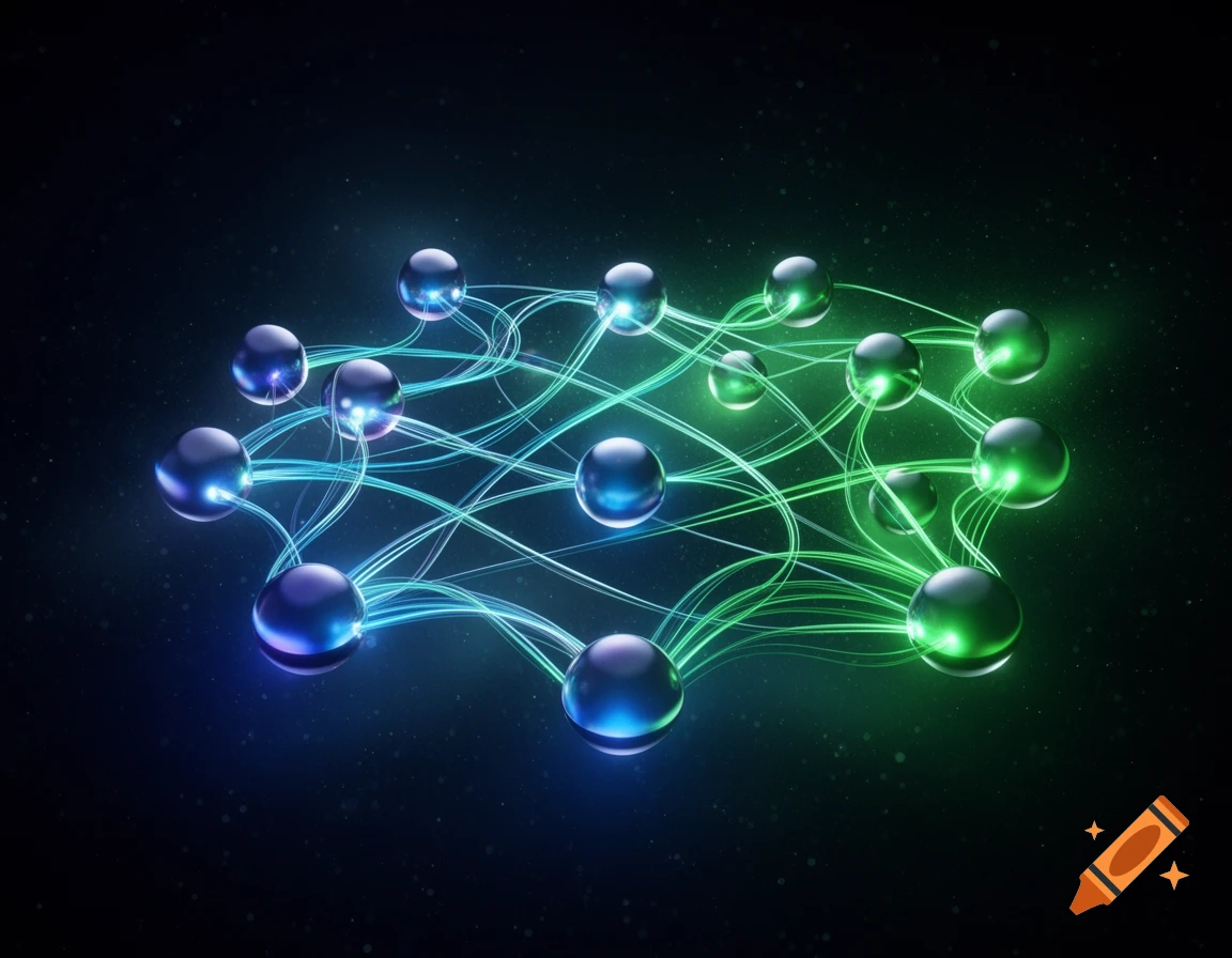 Abstract illustration of a neural network with glowing blue and green spheres connected by luminous lines on a dark background.