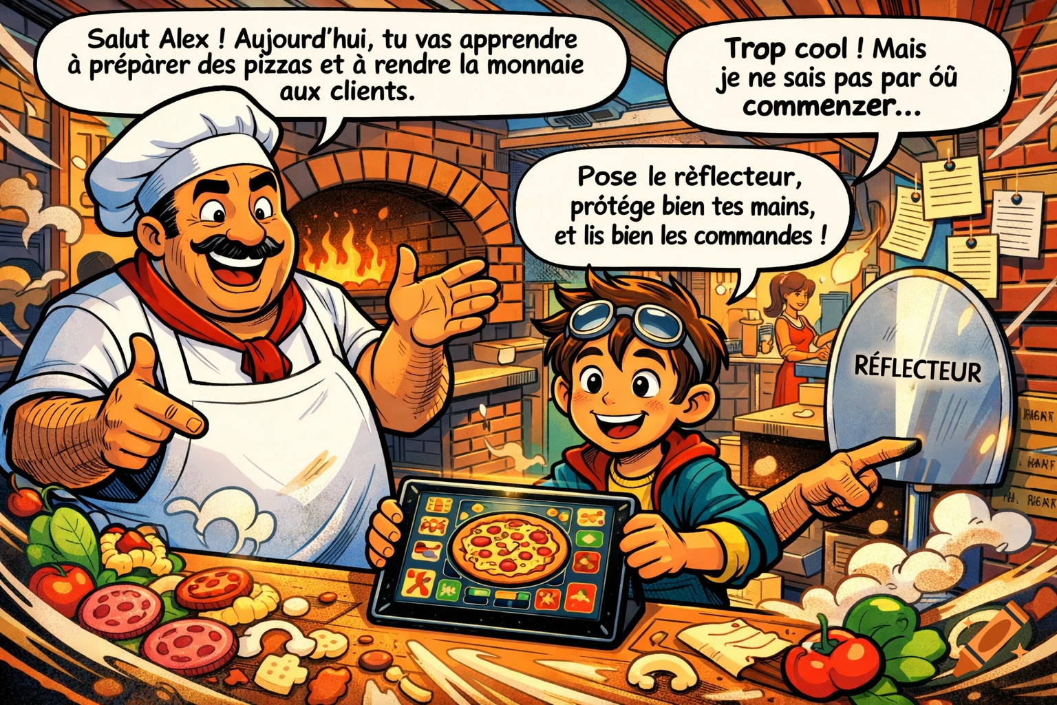 A comic-style illustration shows a cheerful chef teaching a boy to make pizzas in a kitchen. Speech bubbles contain French text.