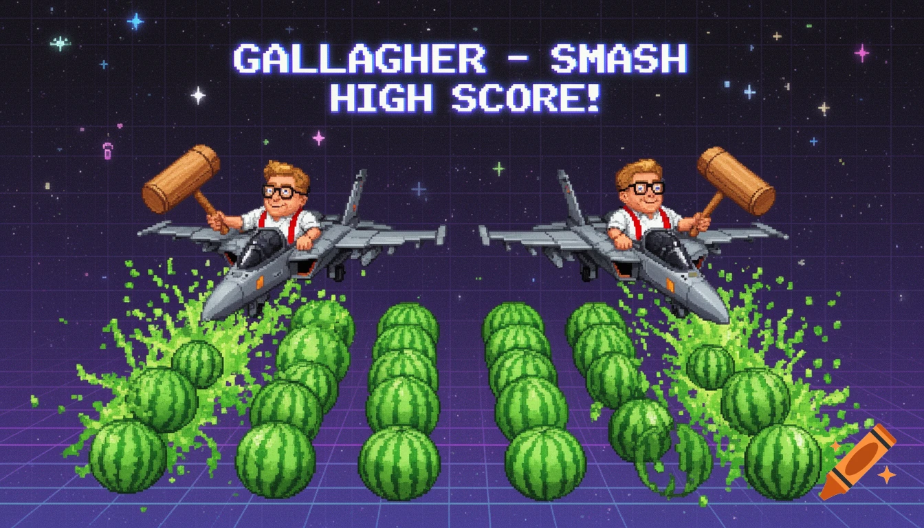 Pixel art game screen showing two fighter jets piloted by Gallagher, the comedian, smashing rows of watermelons in space. Text reads: "GALLAGHER - SMASH HIGH SCORE!"
