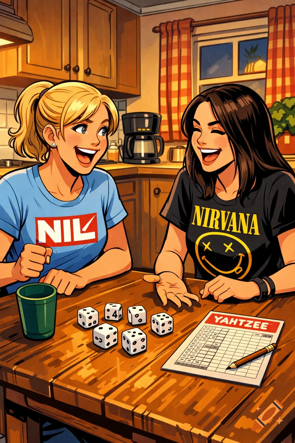 Two smiling women playing Yahtzee with dice and a score sheet on a wooden table in a brightly lit kitchen, in a friendly comic style.