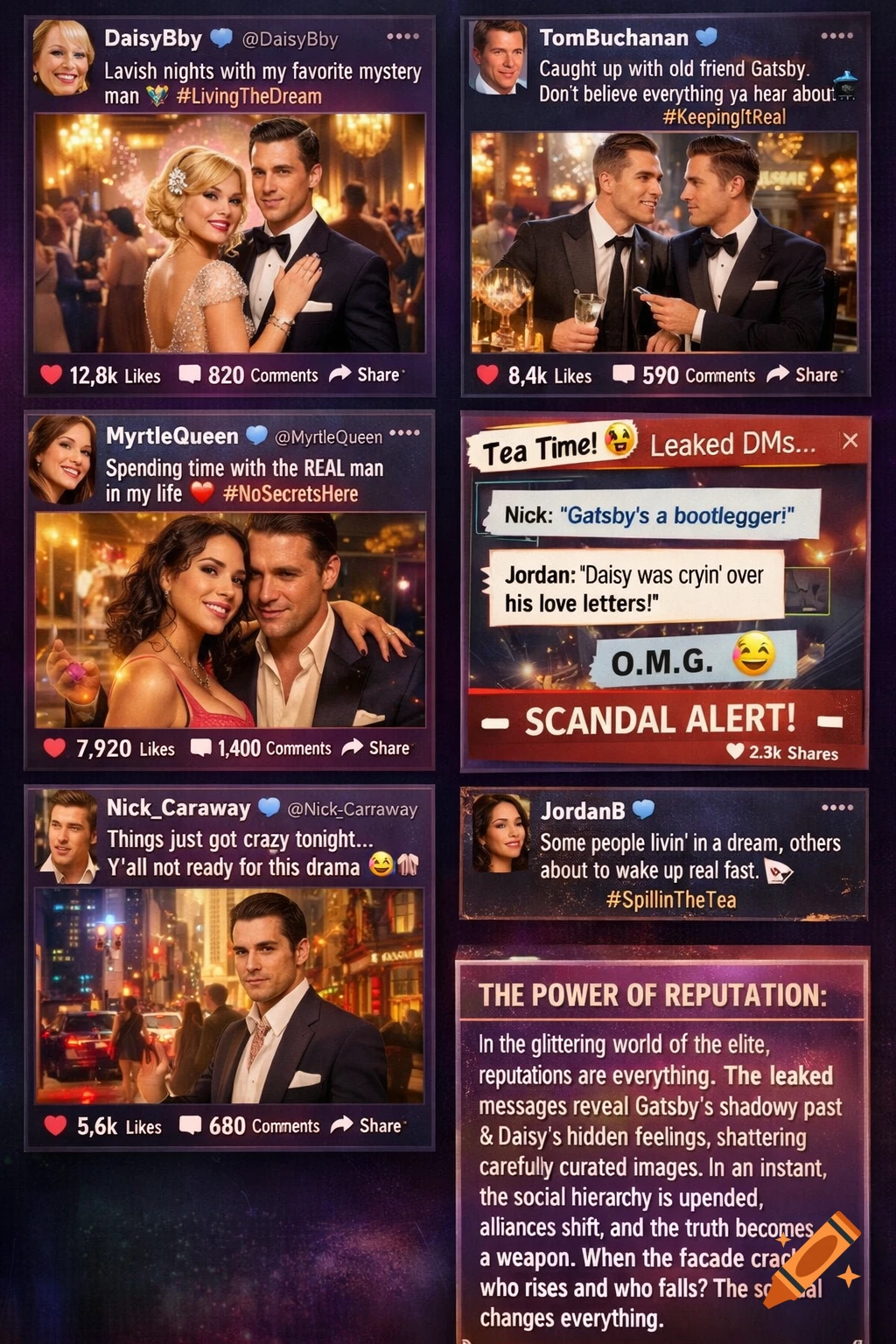 A social media feed inspired by The Great Gatsby, showing posts from characters like DaisyBby, TomBuchanan, MyrtleQueen, Nick_Caraway, and JordanB, with images of the characters and text reflecting the novel's themes of wealth, gossip, and reputation. One section is titled 'Tea Time! Leaked DMs... Scandal Alert!'