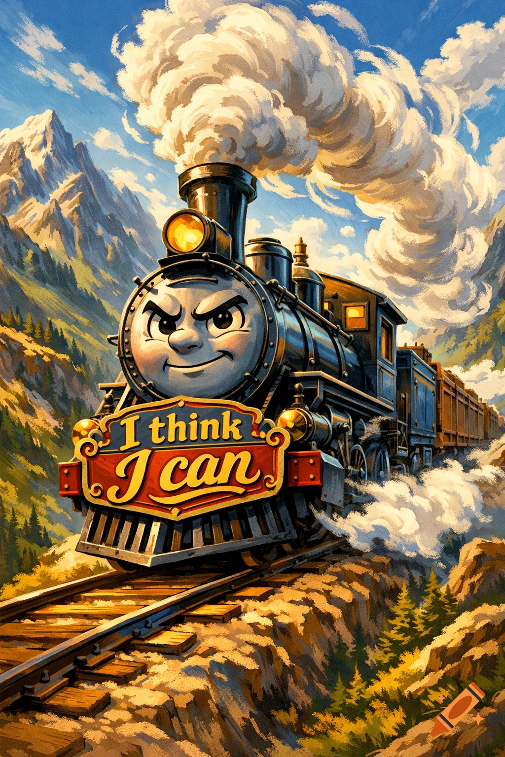 A determined cartoon train engine with "I think I can" on its front, chugging through mountains and valleys in an illustrative style.