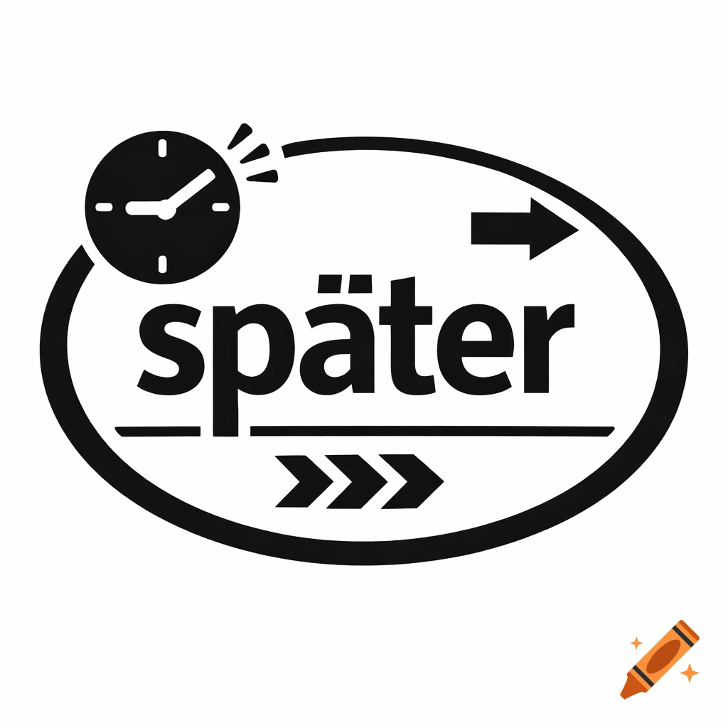 A black and white pictogram with a clock and arrows surrounding the German word 'später' (later) inside an oval.