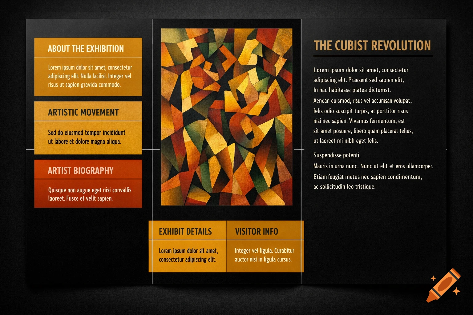 Modern brochure layout featuring a cubist painting with geometric shapes in warm colors, flanked by text boxes with headings and placeholder text, against a dark background.