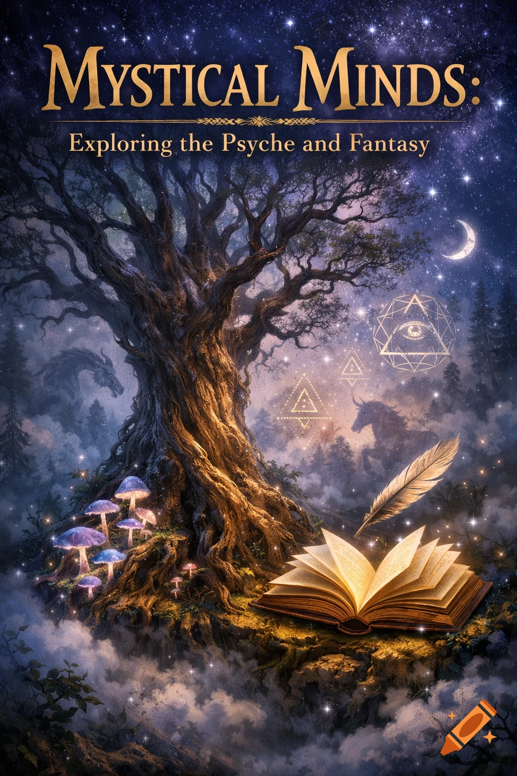 Mystical book cover with a large tree, glowing mushrooms, an open book, and celestial elements under a starry night sky. Text: 'Mystical Minds'.