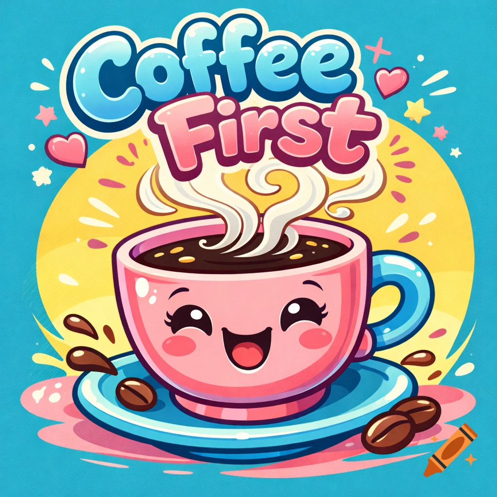 A cute, happy pink and blue cartoon coffee cup with steam and coffee beans, with 'Coffee First' text above it.