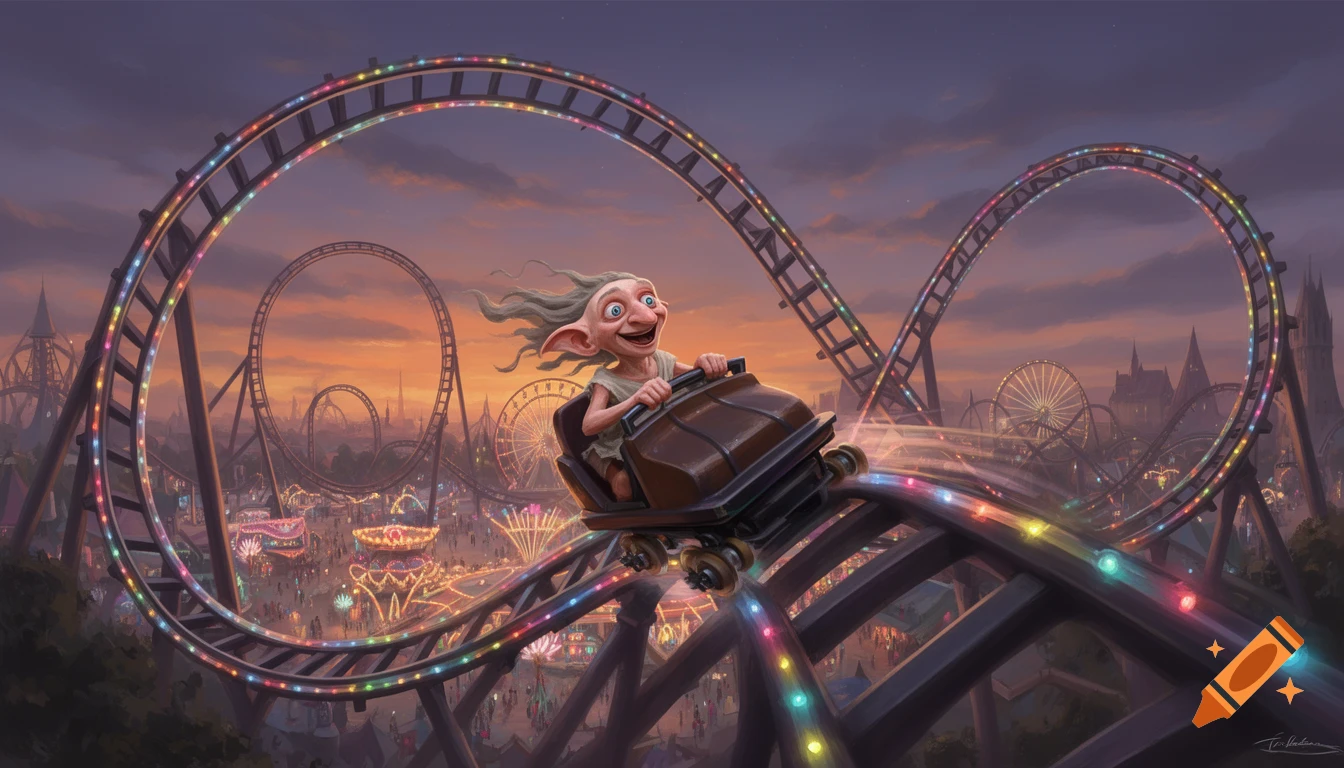 A joyful Dobby-like creature with large ears and flowing hair rides a rollercoaster at a lively amusement park during sunset, illuminated by colorful lights.