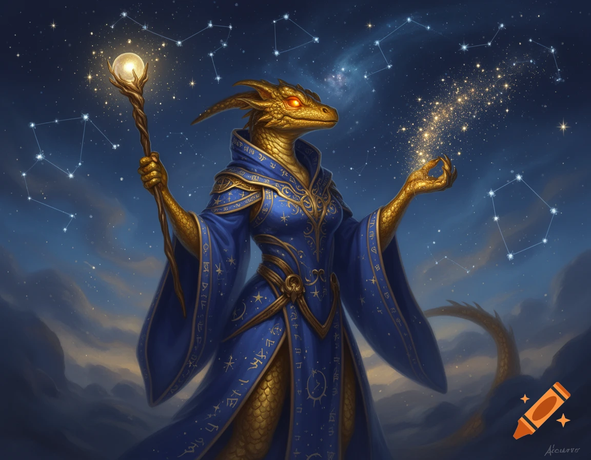 A golden reptilian sorcerer in a blue, gold-trimmed robe, holding a glowing staff and conjuring stars in a celestial night sky.