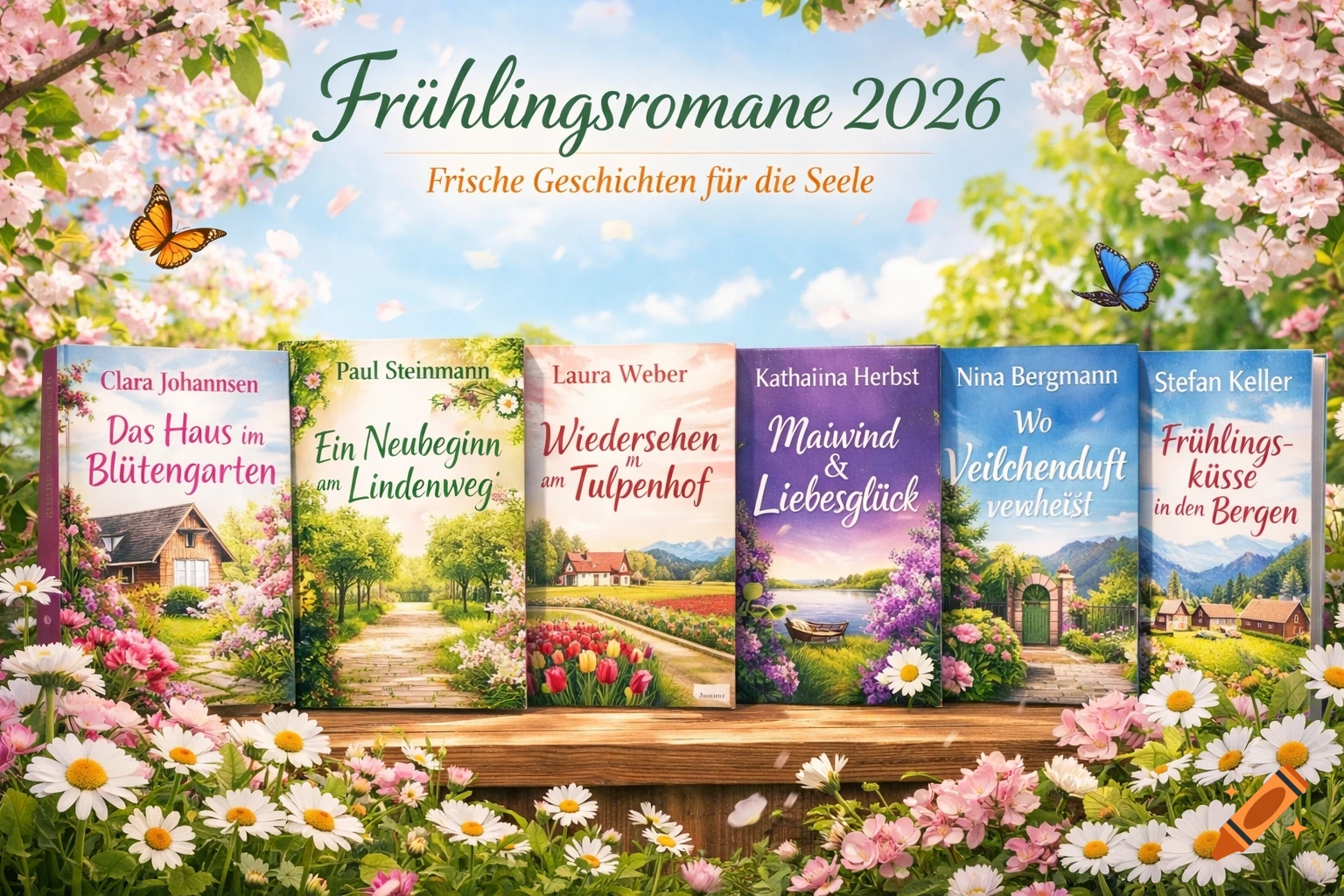 A vibrant photorealistic poster showing six German spring romance novel covers on a wooden surface, surrounded by white daisies and pink blossoms under a blue sky. Text reads "Frühlingsromane 2026".