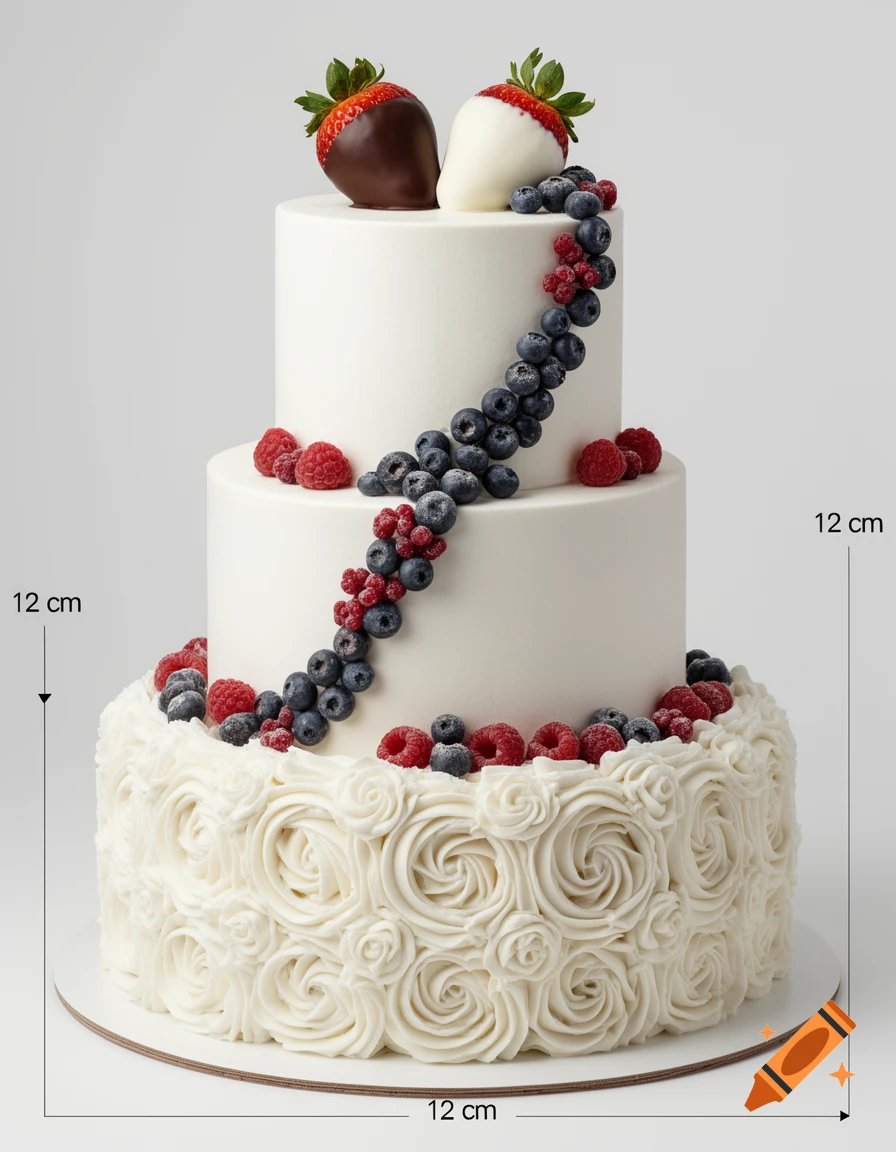 Photorealistic three-tiered white wedding cake with buttercream rosettes, berry cascade, and chocolate-dipped strawberries, with 12 cm labels.