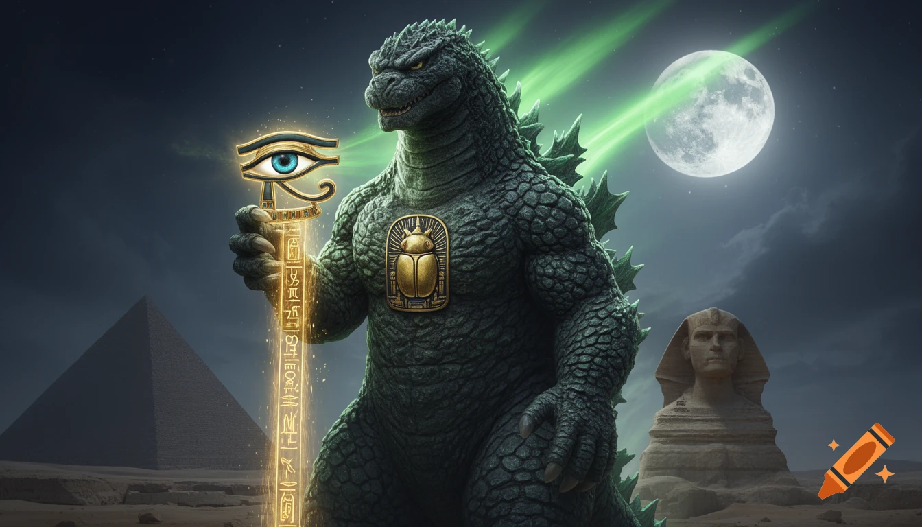 Godzilla in a desert with a pyramid and sphinx, holding a glowing Eye of Horus staff under a full moon with green light beams.