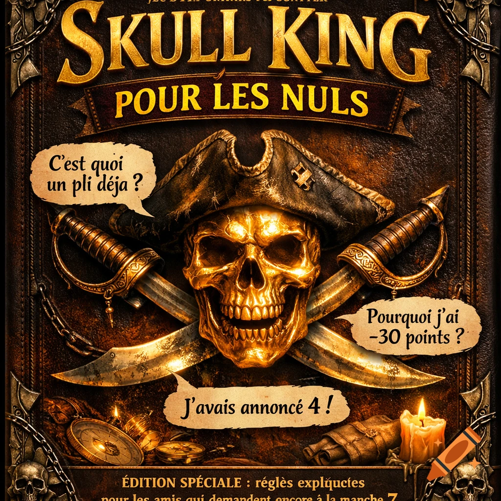 A stylized board game cover with a golden pirate skull wearing a tricorn hat and crossed cutlasses, against a dark leather background. Various pirate-themed objects like a compass and candle are visible, along with French text bubbles.