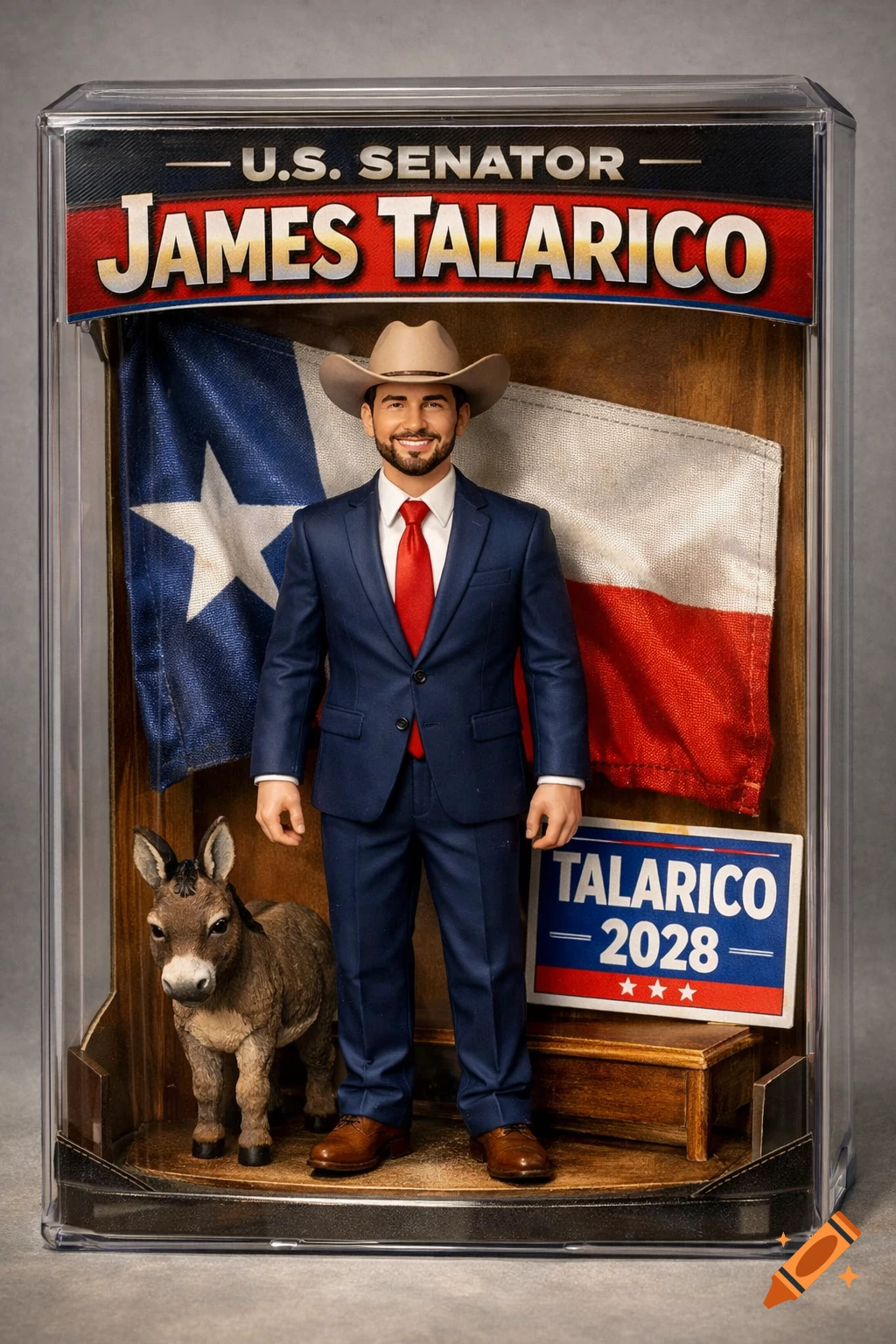 Photorealistic action figure of U.S. Senator James Talarico in a display box with a Texas flag, a donkey, and a 'Talarico 2028' sign.