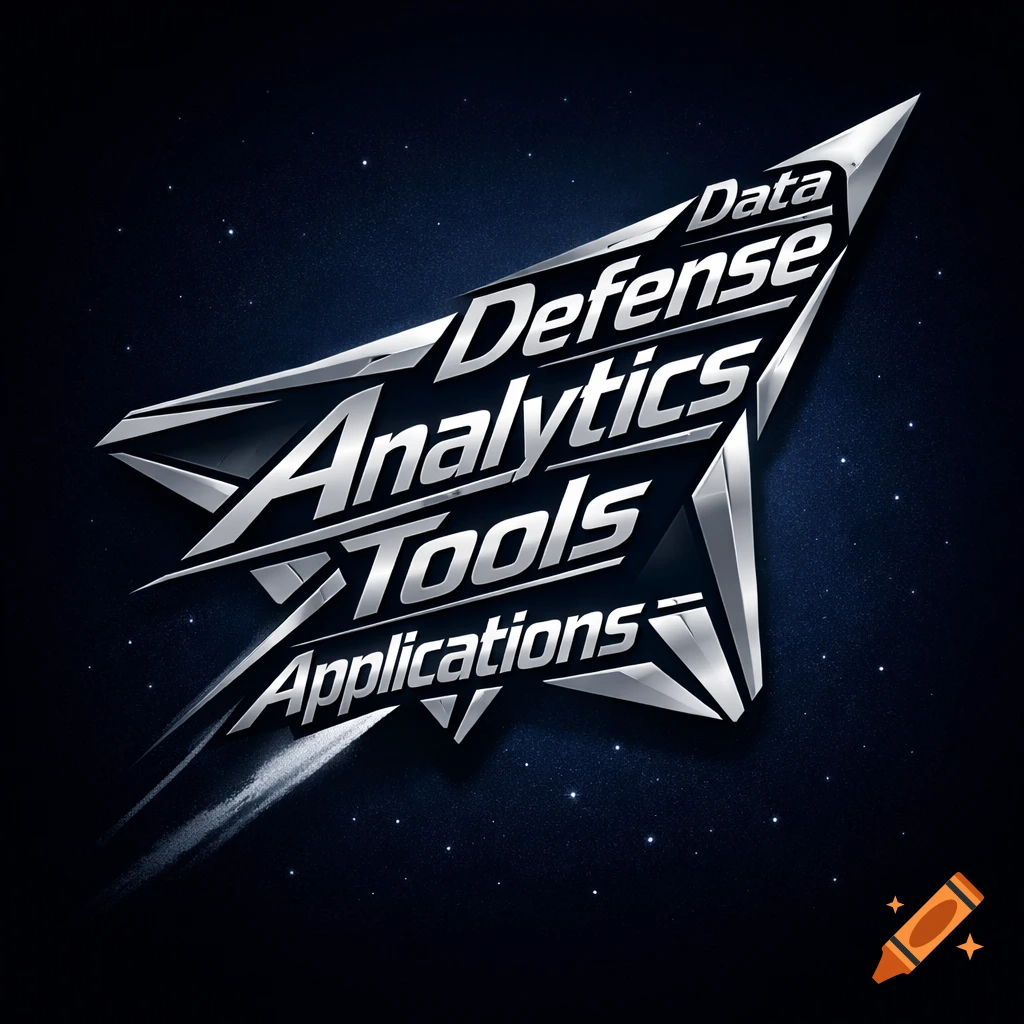 Metallic, futuristic logo shaped like a paper airplane with the words Data, Defense, Analytics, Tools, Applications, against a starry blue background.