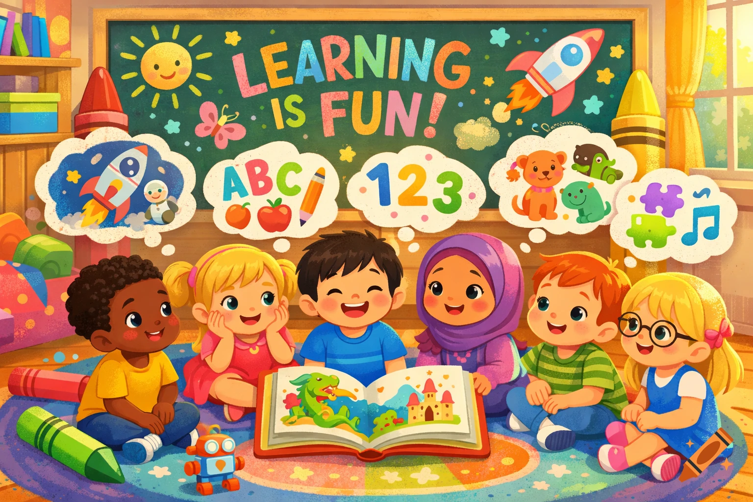 Vibrant cartoon of diverse children on a rug in a classroom, looking at ...
