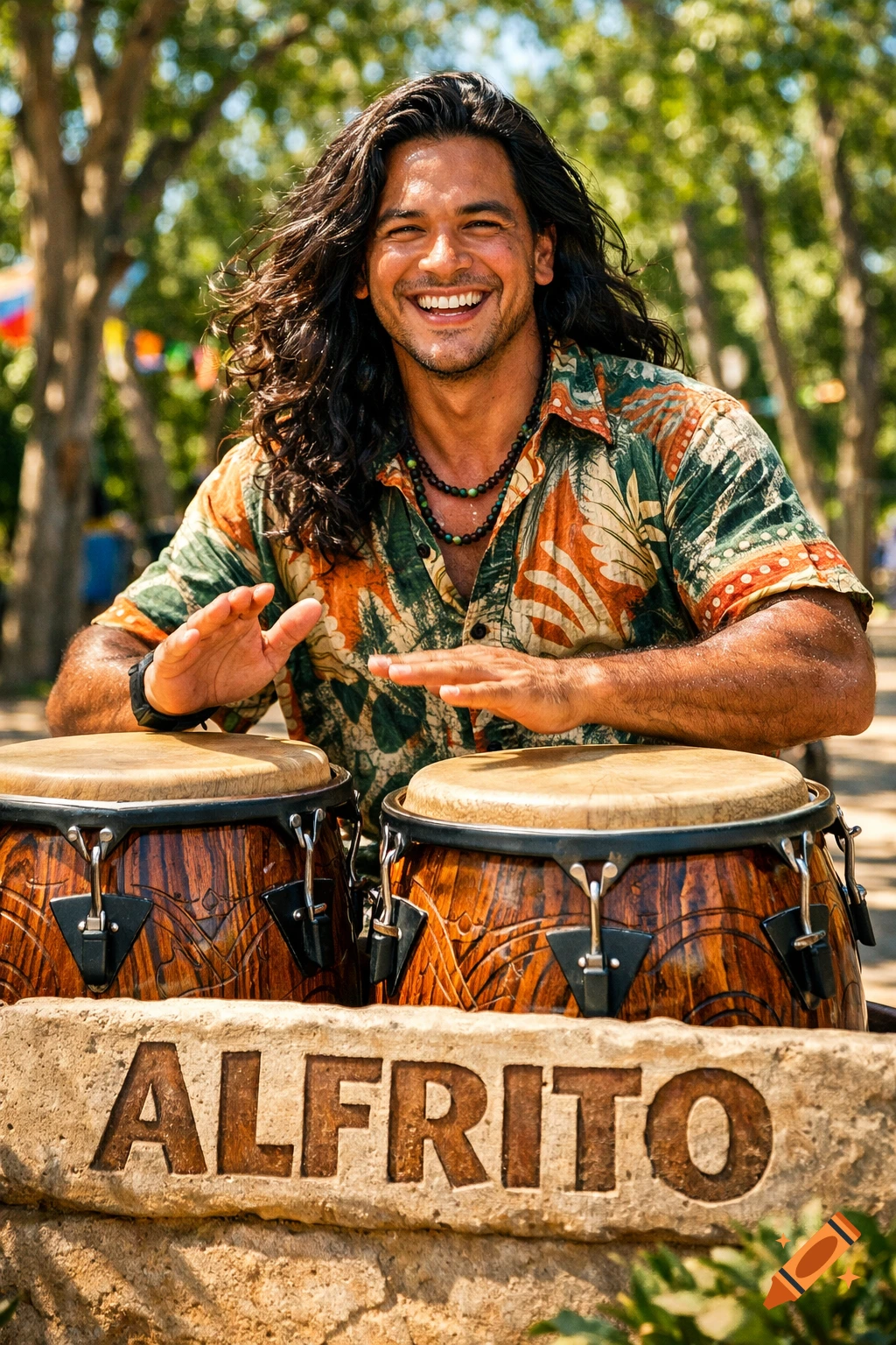 A smiling man with long dark hair playing conga drums outdoors.