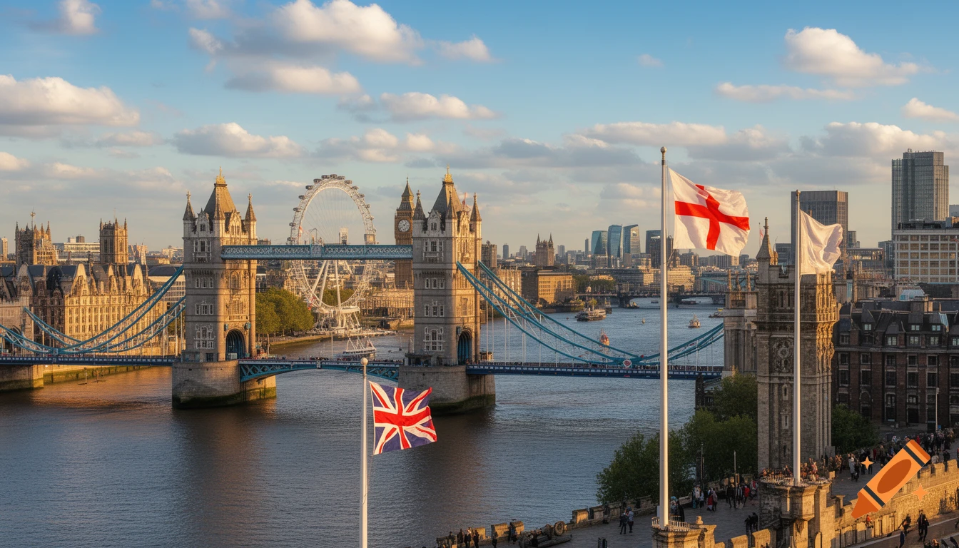 Photorealistic aerial view of London's Tower Bridge, River Thames, London Eye, and cityscape with UK and England flags.