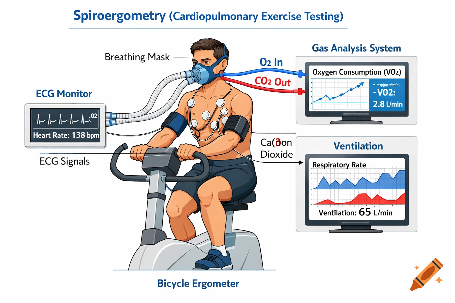 Medical illustration of a man on a bicycle ergometer undergoing cardiopulmonary exercise testing, connected to monitors showing heart rate, oxygen consumption, and ventilation data.