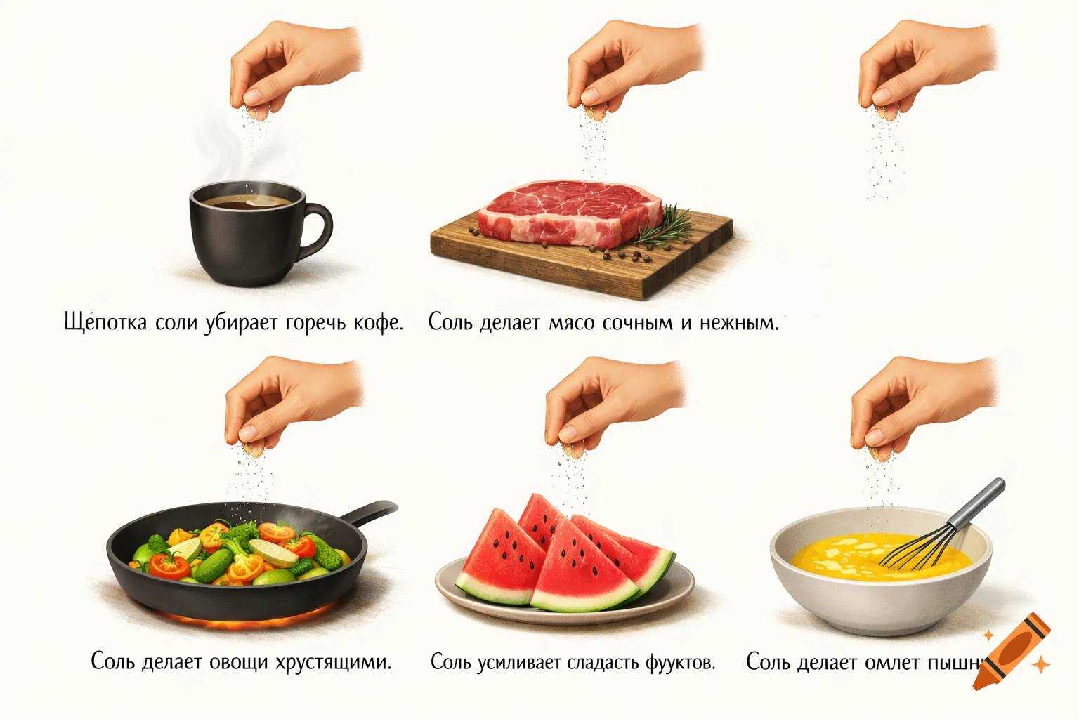 A six-panel grid showing hands sprinkling salt on various food items, including coffee, steak, vegetables, watermelon, and eggs, each with a Russian caption.