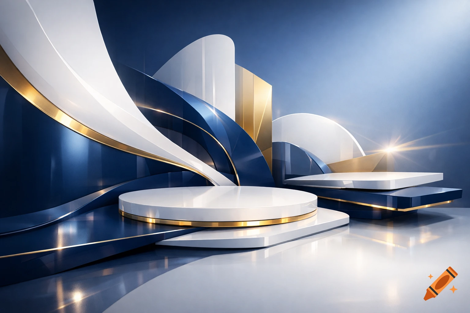A modern abstract display with a circular and rectangular white podium, set against a background of flowing deep blue, white, and gold curved shapes, with light flares.