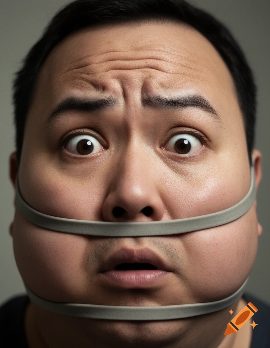 Close-up of a surprised man's face with two grey bands tightly wrapped around his cheeks, stretching his mouth.
