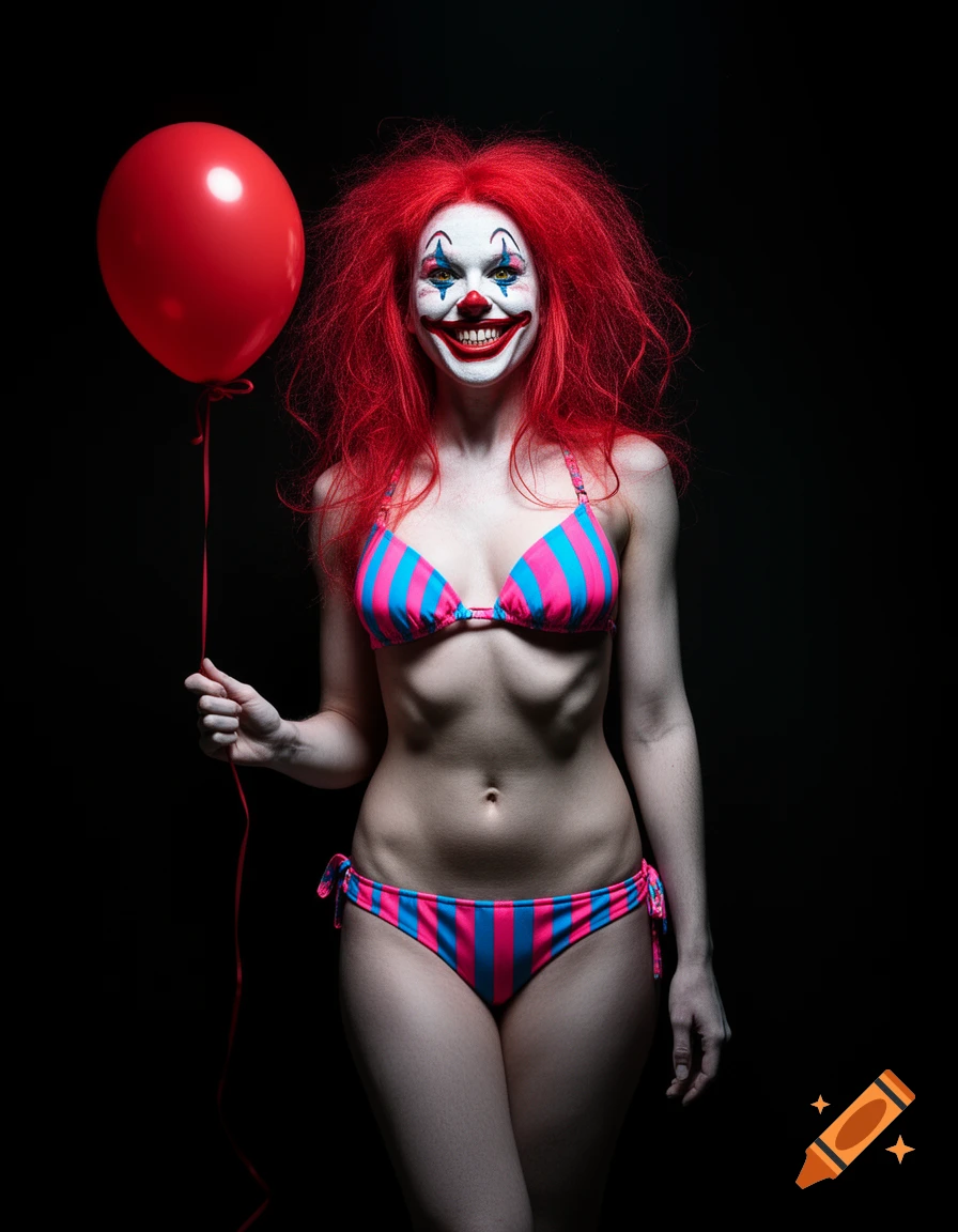 Photorealistic image of a scary clown woman with red hair and face paint, wearing a striped bikini and holding a red balloon, against a black background.