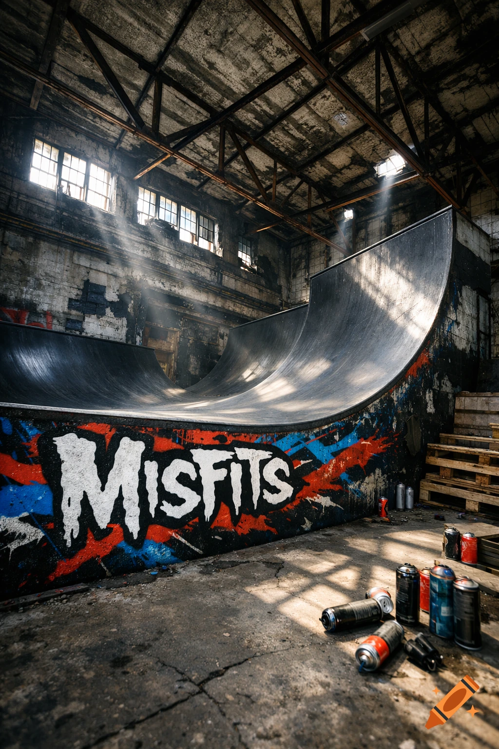 Photorealistic view of a graffiti-covered half-pipe skate ramp inside a sunlit, abandoned warehouse with spray cans on the floor.