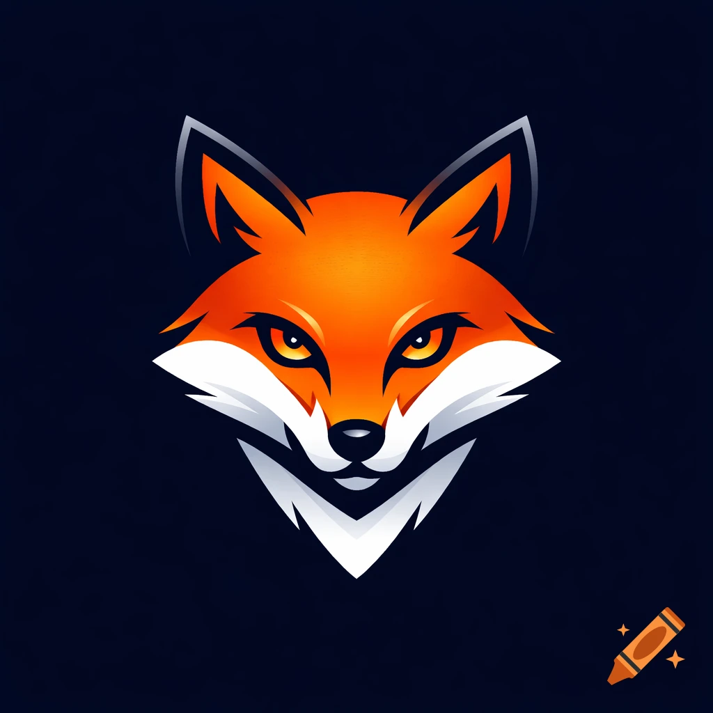 Stylish minimalist fox mascot logo with orange and white fur, sharp orange eyes, set against a dark navy background.