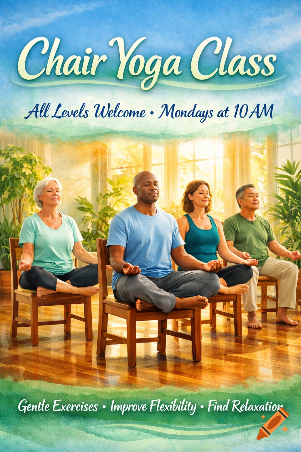 A flyer for a chair yoga class showing four diverse older adults meditating on chairs in a sunny room.