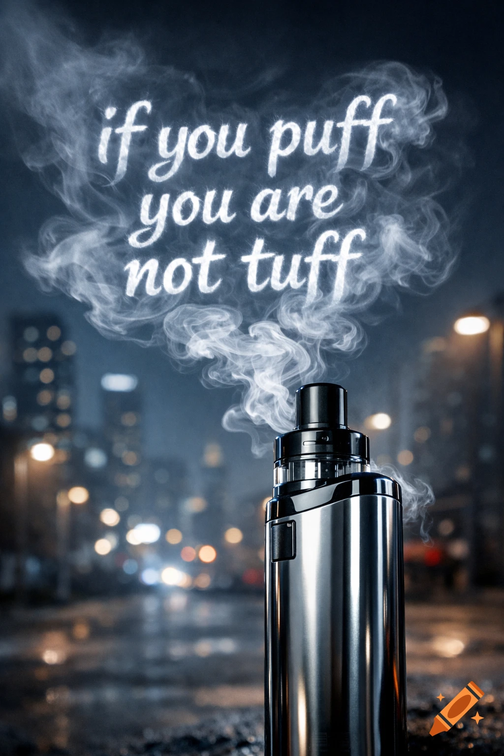 A sleek silver vape device emitting smoke that spells "if you puff you are not tuff" against a blurred, rainy city night background.