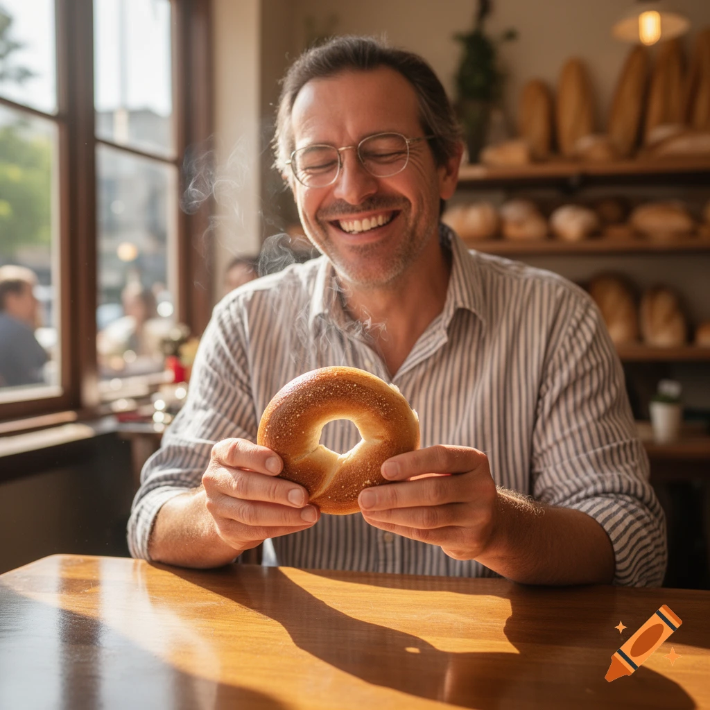 Smiling man enjoying a fresh, steaming bagel in a sunlit bakery.